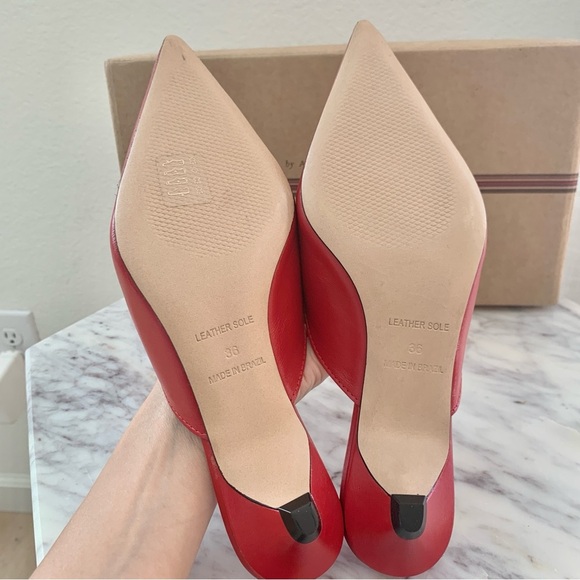 ❤️ ANTHROPOLOGIE Maeve Red Gold Heart Mule Kitten Heels Genuine Leather - Picture 11 of 12